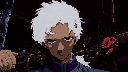 a man with white hair is holding a sword in his hand