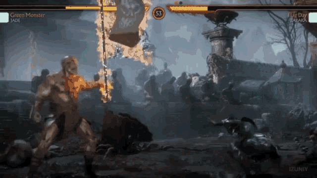a screenshot of a video game shows a monster named green monster fighting another monster named jade