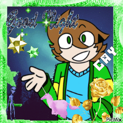 a picture of a cartoon character with the words good night on it