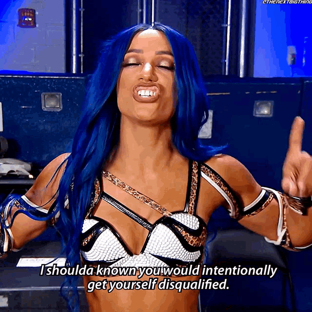 a woman with blue hair is making a funny face and says i shoulda known you would intentionally get yourself disqualified