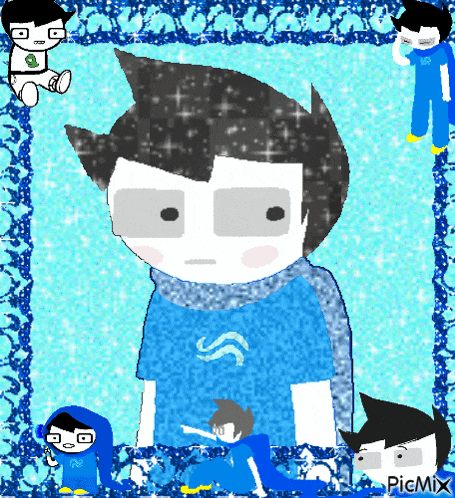 a picture of a boy with a scarf around his neck is surrounded by other cartoon characters and says picmix at the bottom
