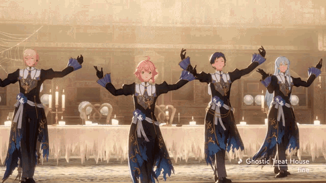 a group of anime characters are dancing in front of a table that says ghostic treat house on it