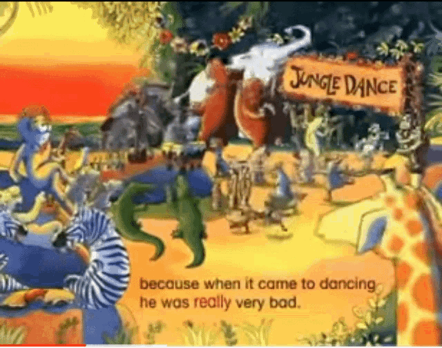 a sign that says jungle dance is surrounded by animals dancing