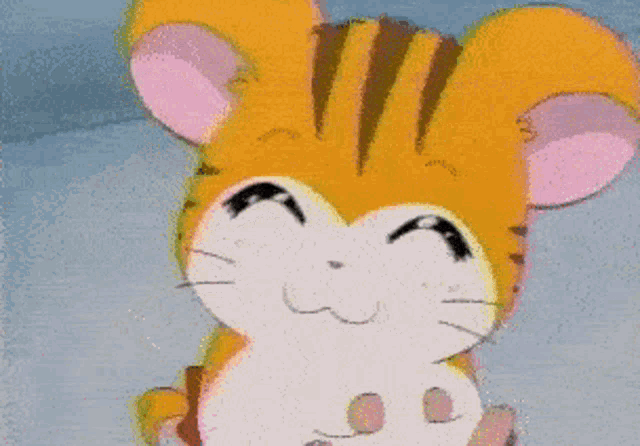 a close up of a cartoon hamster with a tiger stripe on its head