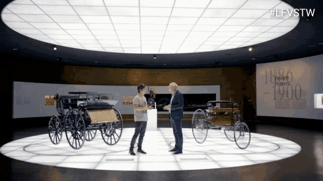 two men are standing in a room with a sign that says 1906 - 1900