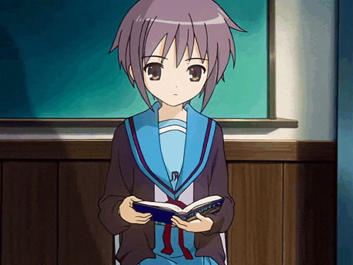 a girl with purple hair is reading a book with the word ninja on the cover