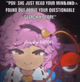 a cartoon of a girl with pink hair and a heart on her head is talking to someone .