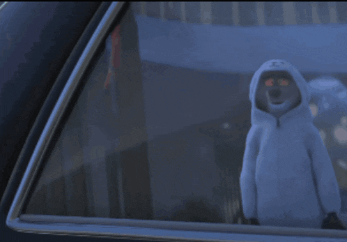 a cartoon character is driving a car and looking out the window