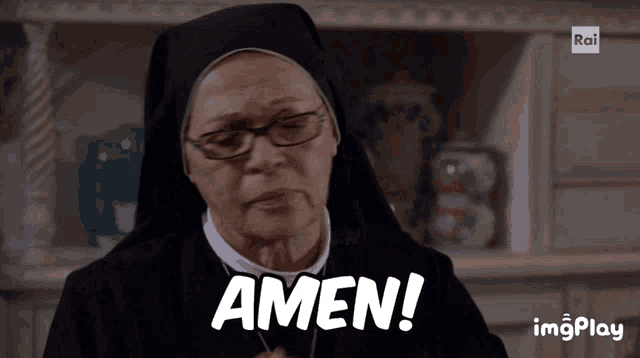 a nun says amen in front of a shelf with vases