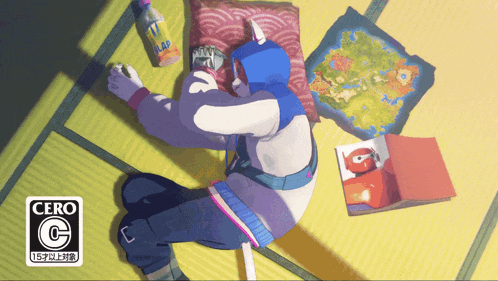 a cartoon of a person laying on a mat with a cero g sticker on the bottom