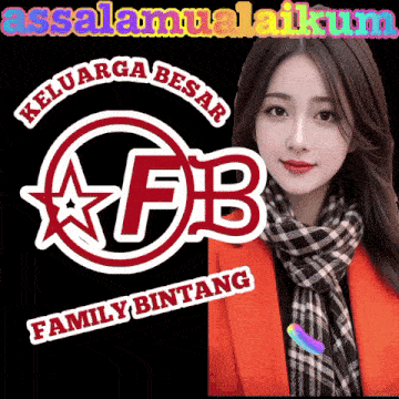 a woman wearing a scarf and an orange jacket stands in front of a family bintang logo