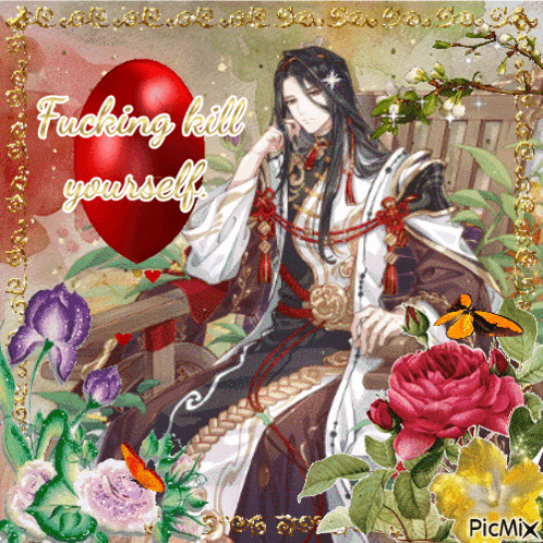 a picture of a man sitting on a bench with flowers and a red heart that says " fucking kill yourself "