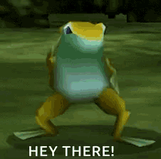 a frog is standing on its hind legs with the words hey there behind it