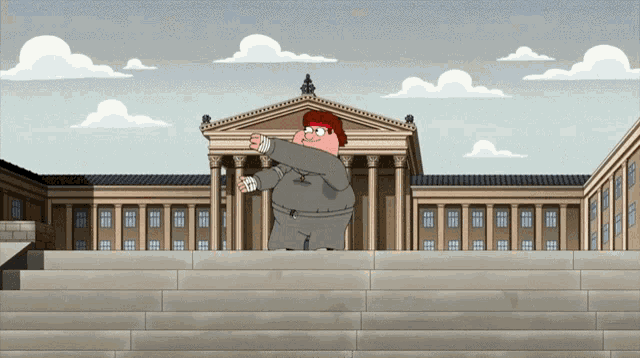 a cartoon of peter griffin standing in front of a large building