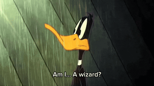 a cartoon of daffy duck saying am i... a wizard