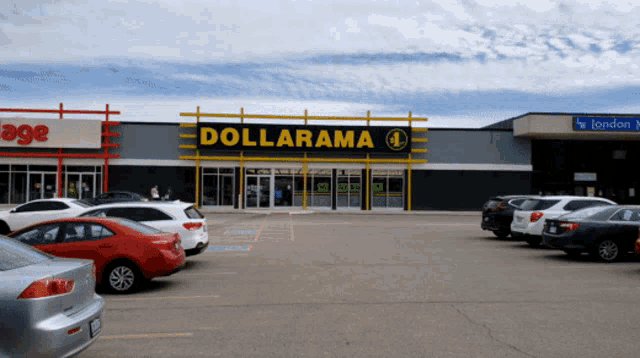 a parking lot with cars parked in front of a dollarama