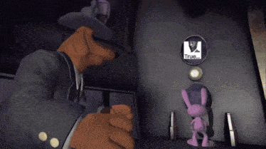a purple rabbit is standing in front of a sign that says true on it