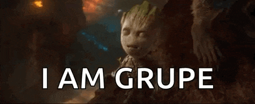 a baby groot is sitting on top of a rock with the words `` i am grupe '' written above him .