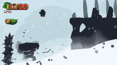 a video game screen shows a cliff with a heart on it and the number 74