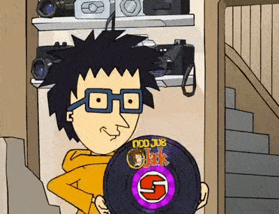 a cartoon character is holding a record that says ' odd job ' on it
