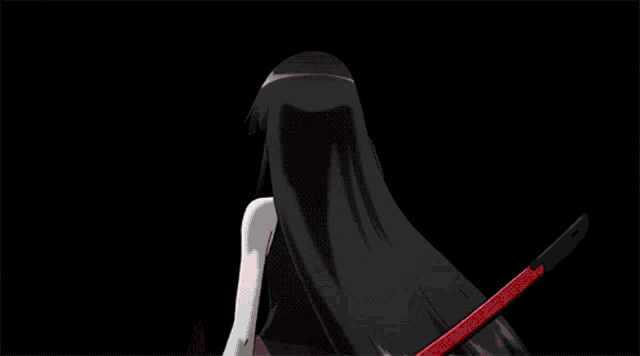 a black and white anime character with red eyes and a black background
