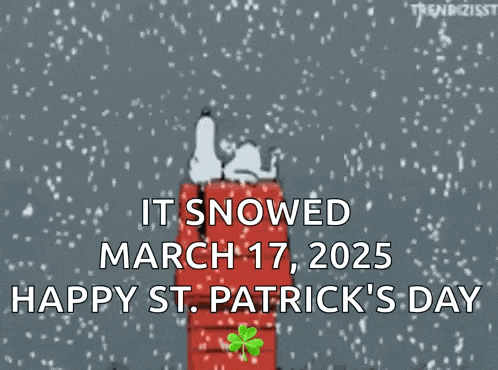 a cartoon of snoopy pointing in the snow says it snowed march 17 2025 happy st patrick 's day