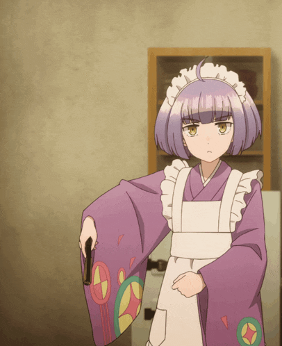 a girl with purple hair is wearing a maid apron