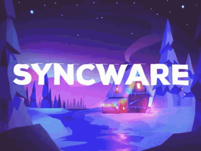 a syncware logo with a snowy scene in the background