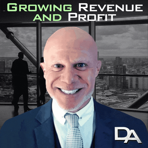a man in a suit and tie stands in front of a window with the words growing revenue and profit