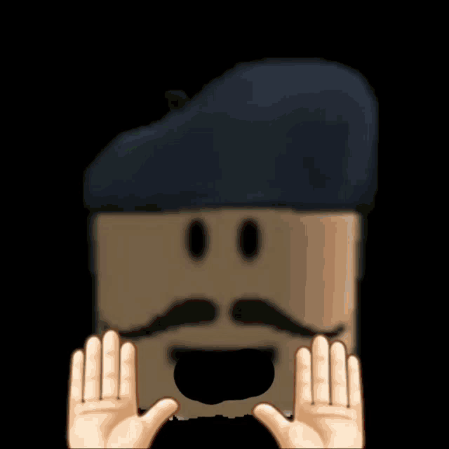 a cartoon character with a mustache and a beret is being held up by two hands