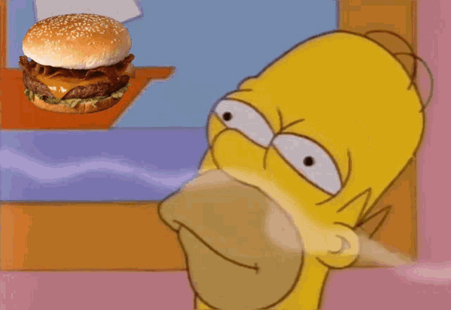 a cartoon of homer simpson looking at a hamburger that is flying in the air