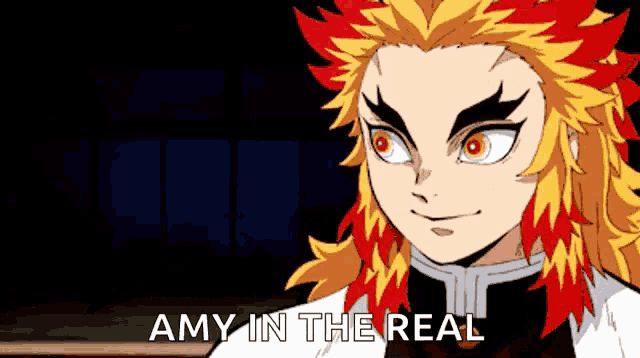 amy in the real is a cartoon of a demon slayer character with red and yellow hair .
