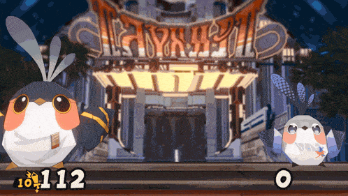 two cartoon birds are standing in front of a building with the number 112 on it