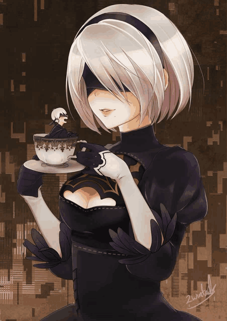 a drawing of a woman holding a cup and saucer with a drawing of a man on it