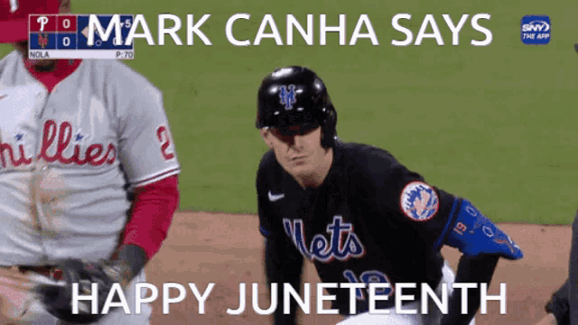 a baseball player wearing a mets jersey says happy juneteenth