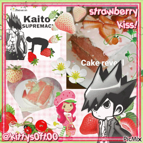 a collage of strawberries and a boy with the words strawberry kiss at the top