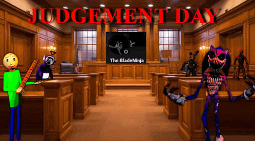 a poster for judgement day shows a courtroom with monsters in it
