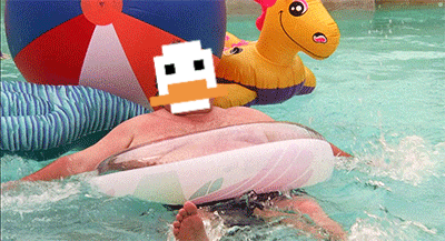 a man in a swimming pool with a duck face on his face