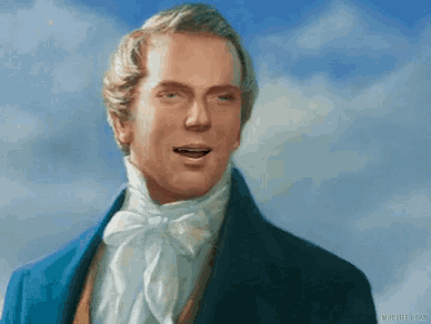 a painting of a man in a blue suit with a white bow tie