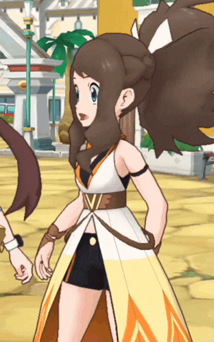 a girl in a white and orange dress with a belt that says ' ve ' on it