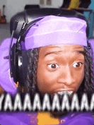 a man wearing headphones and a purple cap is making a funny face .