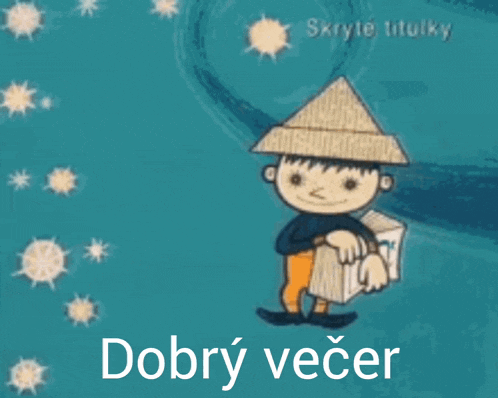 a cartoon of a boy holding an envelope with the words dobry večer written below him