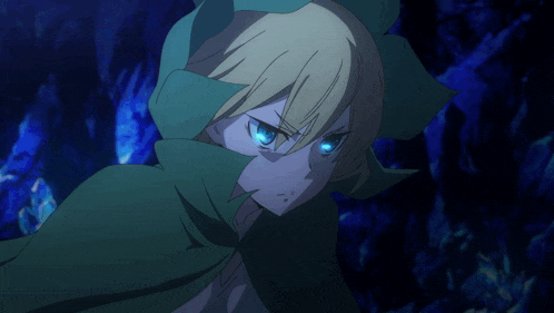 a blonde anime character with blue eyes and a green cape on