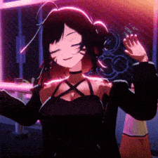 a girl in a black dress with a choker on her neck is dancing
