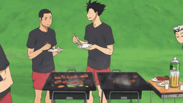 a group of anime characters are gathered around a grill eating and drinking