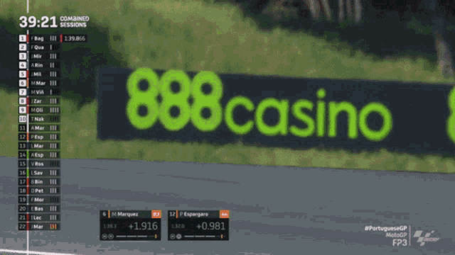 a motorcycle race is being shown on a screen with the number 888 on it