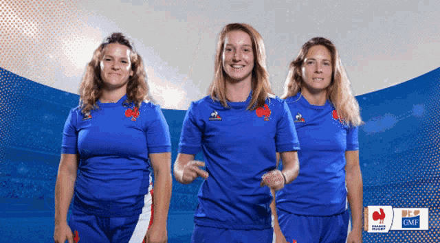 three female athletes are posing for a photo with a gmf logo in the corner