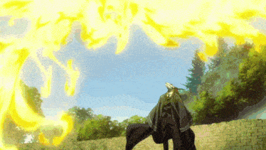 a man in a black cape is standing in front of a brick wall with yellow flames coming out of the sky behind him
