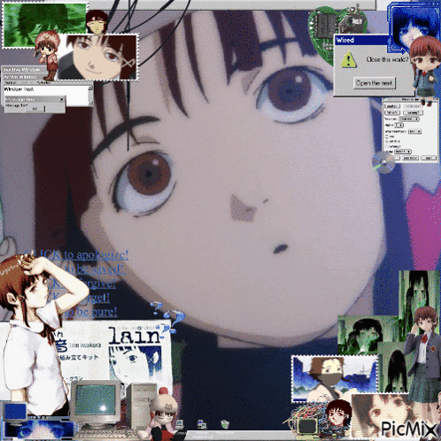a computer screen with a collage of anime characters and the word lain