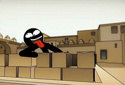 a cartoon character is sticking his tongue out over a stack of cardboard boxes